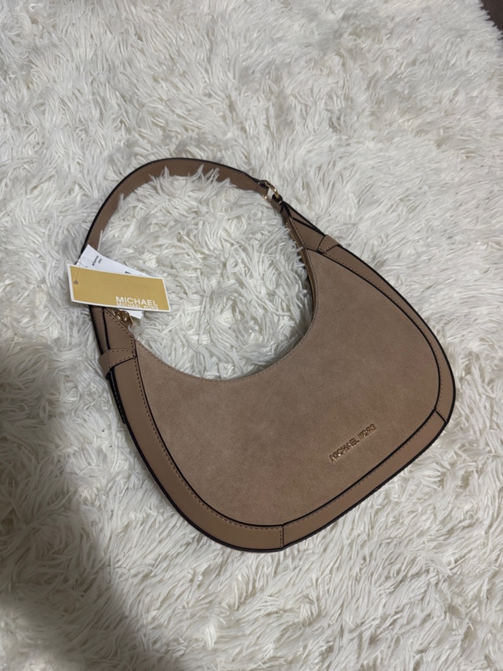 MICHAEL KORS Mocha Suede Hobo Shoulder Bag with Gold Logo - Picture 1 of 3